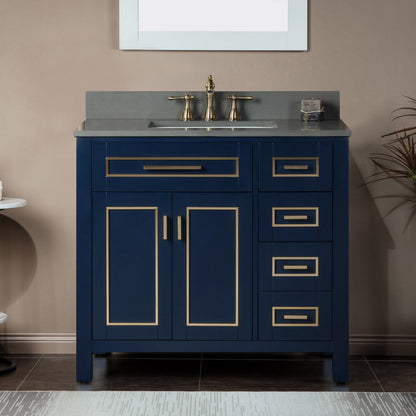 Woodbridge Milan 37" Navy Blue Solid Wood Vanity Base and Dark Gray Engineered Stone Composite Top, Single Basin With Pre-Drilled 3-Hole for 8" Widespread Faucet