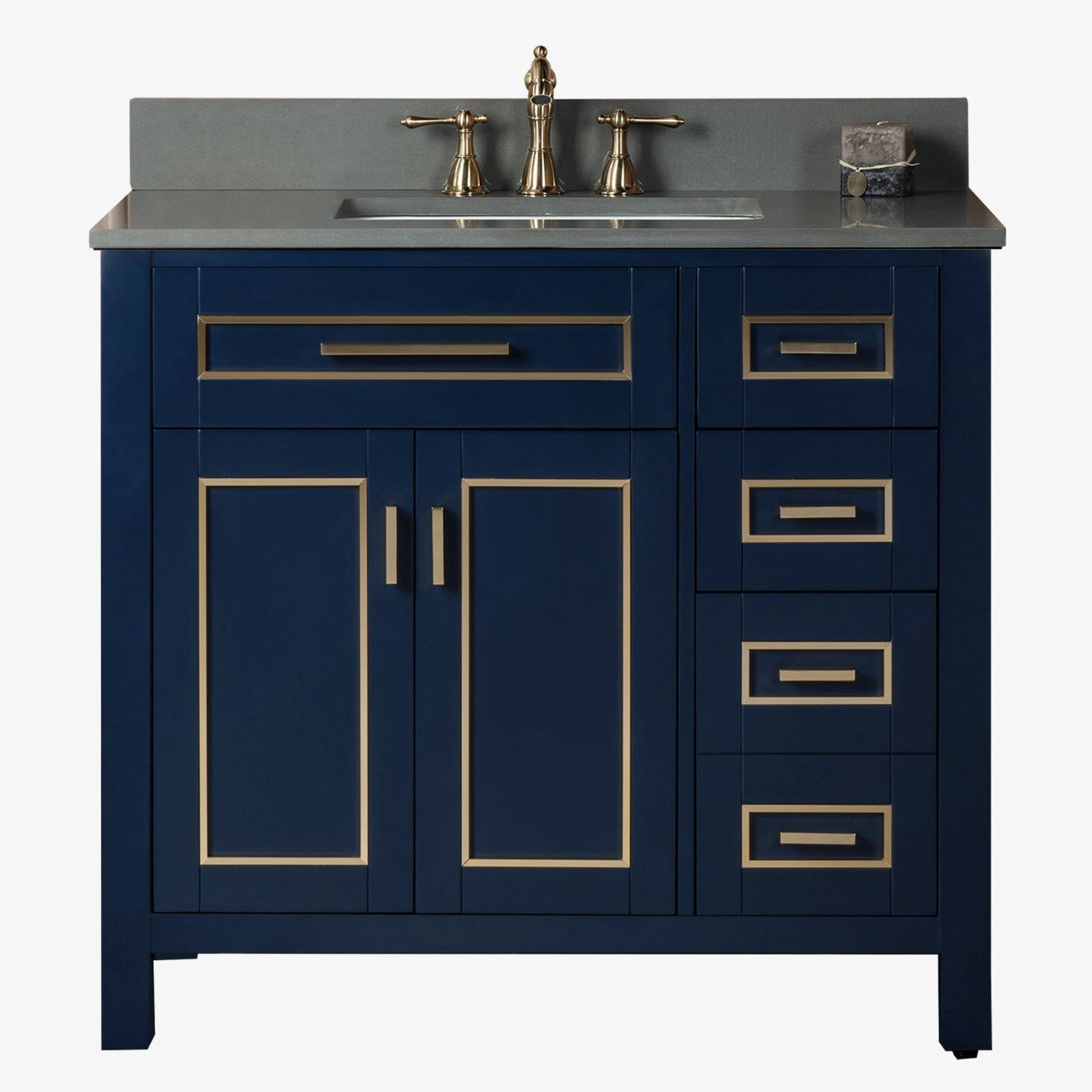 Woodbridge Milan 37" Navy Blue Solid Wood Vanity Base and Dark Gray Engineered Stone Composite Top, Single Basin With Pre-Drilled 3-Hole for 8" Widespread Faucet