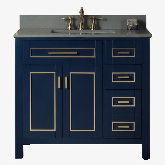 Woodbridge Milan 37" Navy Blue Solid Wood Vanity Base and Dark Gray Engineered Stone Composite Top, Single Basin With Pre-Drilled 3-Hole for 8" Widespread Faucet