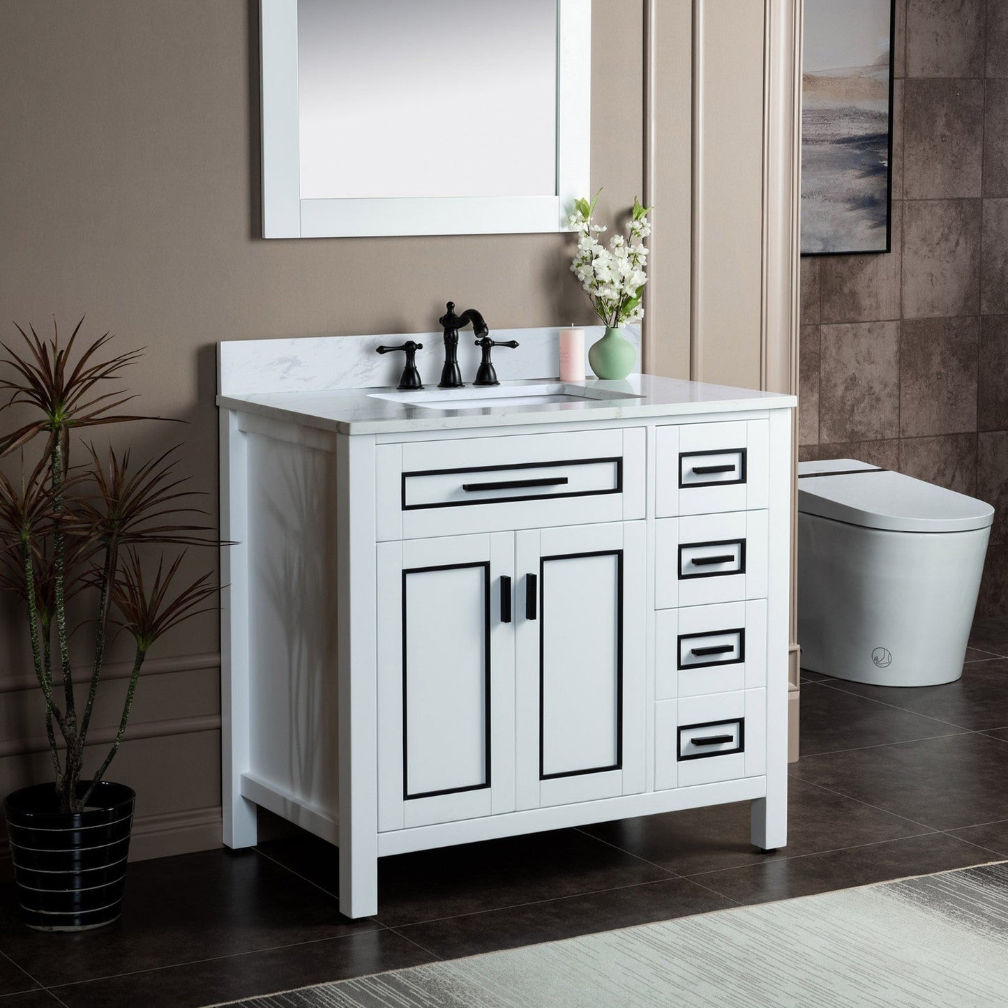 Woodbridge Milan 37" White Solid Wood Vanity Base and Carrara White Engineered Stone Composite Top, Single Basin With Pre-Drilled 3-Hole for 8" Widespread Faucet