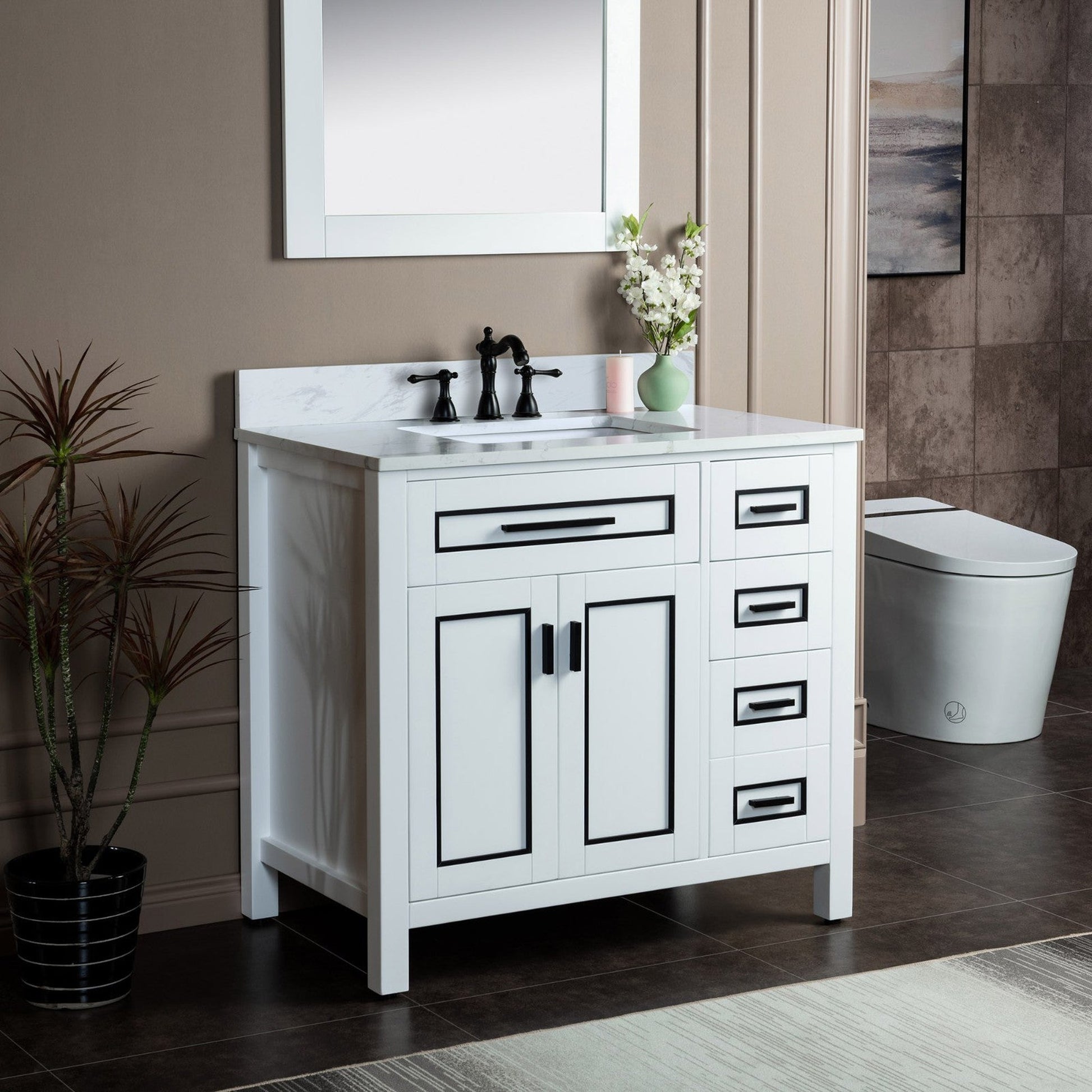 Woodbridge Milan 37" White Solid Wood Vanity Base and Carrara White Engineered Stone Composite Top, Single Basin With Pre-Drilled 3-Hole for 8" Widespread Faucet