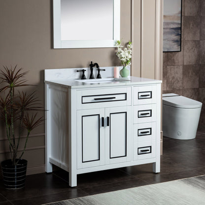 Woodbridge Milan 37" White Solid Wood Vanity Base and Carrara White Engineered Stone Composite Top, Single Basin With Pre-Drilled 3-Hole for 8" Widespread Faucet