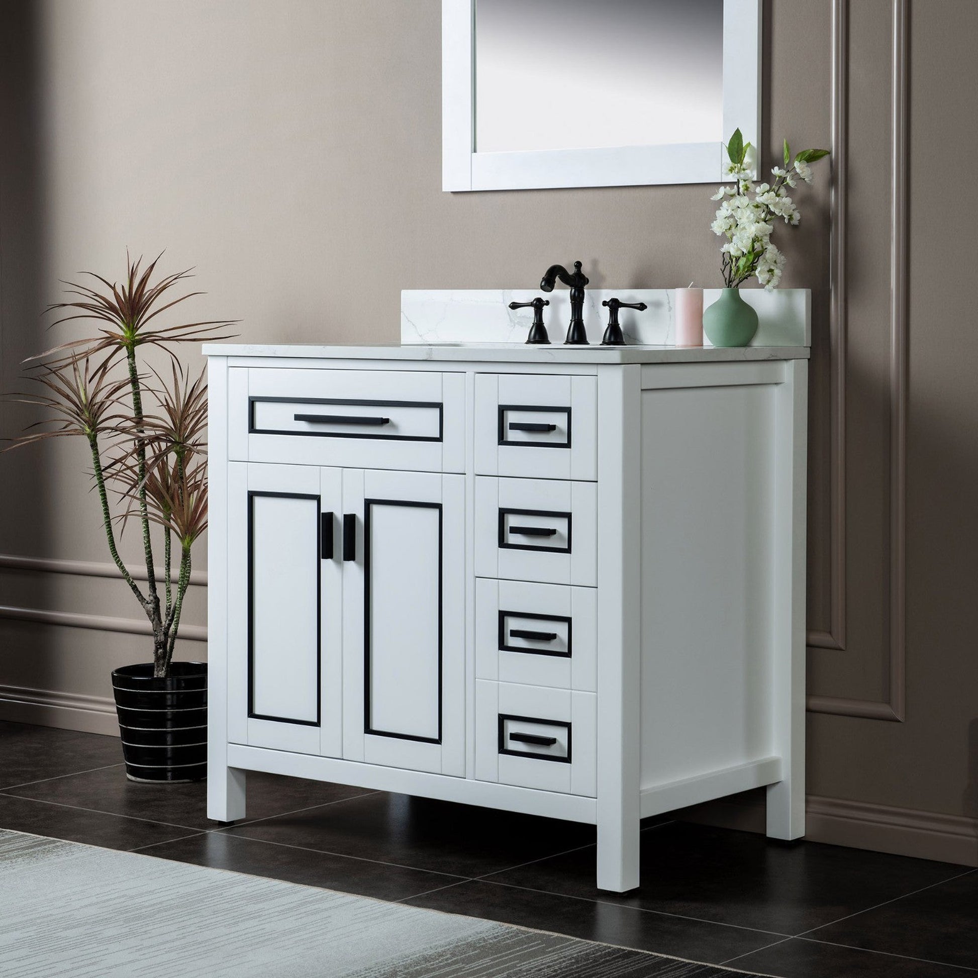 Woodbridge Milan 37" White Solid Wood Vanity Base and Carrara White Engineered Stone Composite Top, Single Basin With Pre-Drilled 3-Hole for 8" Widespread Faucet