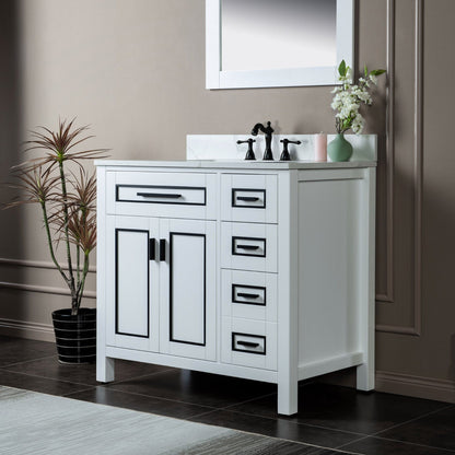 Woodbridge Milan 37" White Solid Wood Vanity Base and Carrara White Engineered Stone Composite Top, Single Basin With Pre-Drilled 3-Hole for 8" Widespread Faucet