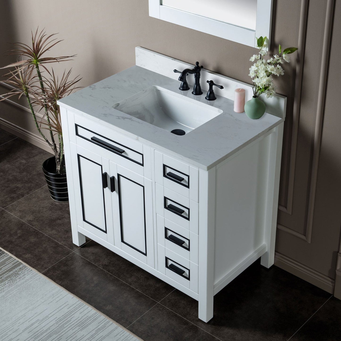 Woodbridge Milan 37" White Solid Wood Vanity Base and Carrara White Engineered Stone Composite Top, Single Basin With Pre-Drilled 3-Hole for 8" Widespread Faucet