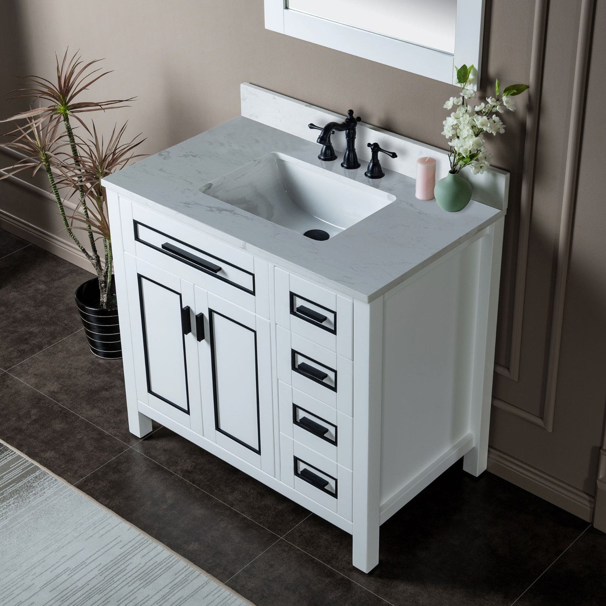 Woodbridge Milan 37" White Solid Wood Vanity Base and Carrara White Engineered Stone Composite Top, Single Basin With Pre-Drilled 3-Hole for 8" Widespread Faucet