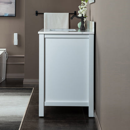 Woodbridge Milan 37" White Solid Wood Vanity Base and Carrara White Engineered Stone Composite Top, Single Basin With Pre-Drilled 3-Hole for 8" Widespread Faucet