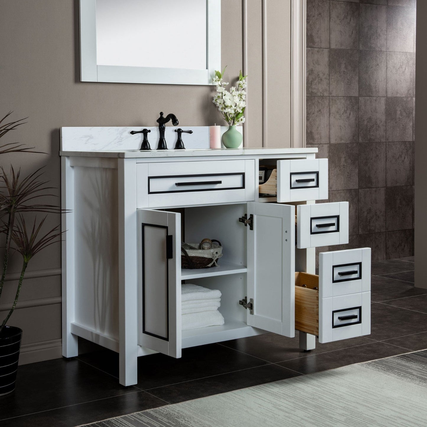 Woodbridge Milan 37" White Solid Wood Vanity Base and Carrara White Engineered Stone Composite Top, Single Basin With Pre-Drilled 3-Hole for 8" Widespread Faucet