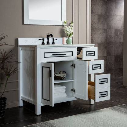 Woodbridge Milan 37" White Solid Wood Vanity Base and Carrara White Engineered Stone Composite Top, Single Basin With Pre-Drilled 3-Hole for 8" Widespread Faucet