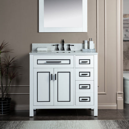 Woodbridge Milan 37" White Solid Wood Vanity Base and Carrara White Engineered Stone Composite Top, Single Basin With Pre-Drilled 3-Hole for 8" Widespread Faucet