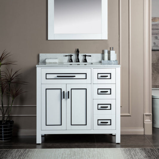 Woodbridge Milan 37" White Solid Wood Vanity Base and Carrara White Engineered Stone Composite Top, Single Basin With Pre-Drilled 3-Hole for 8" Widespread Faucet