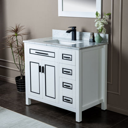 Woodbridge Milan 37" White Solid Wood Vanity Base and Carrara White Marble Top, Single Basin With Pre-Drilled Single Faucet Hole