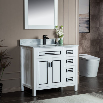 Woodbridge Milan 37" White Solid Wood Vanity Base and Carrara White Marble Top, Single Basin With Pre-Drilled Single Faucet Hole