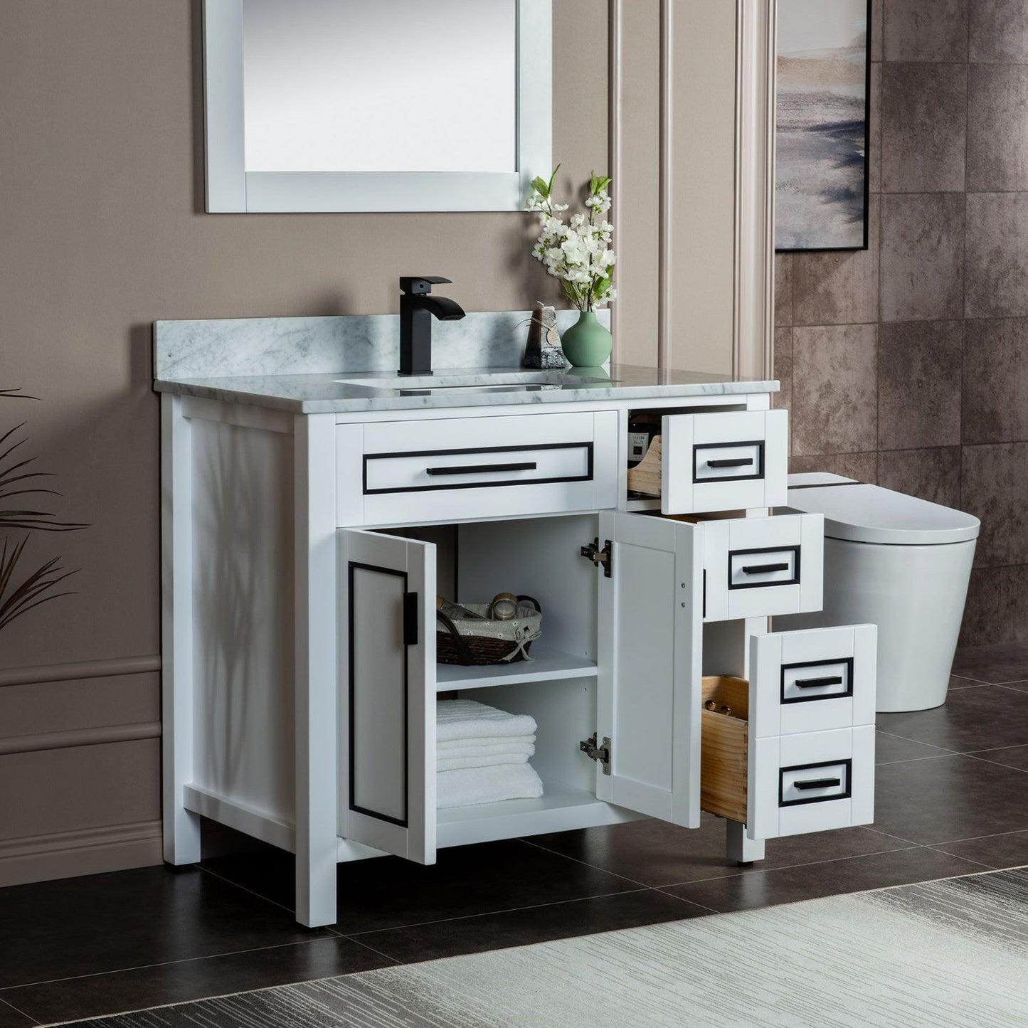 Woodbridge Milan 37" White Solid Wood Vanity Base and Carrara White Marble Top, Single Basin With Pre-Drilled Single Faucet Hole