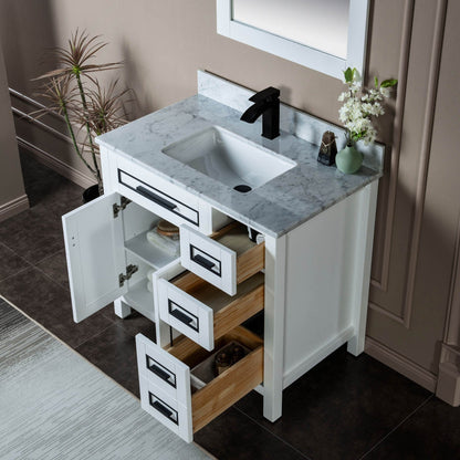 Woodbridge Milan 37" White Solid Wood Vanity Base and Carrara White Marble Top, Single Basin With Pre-Drilled Single Faucet Hole