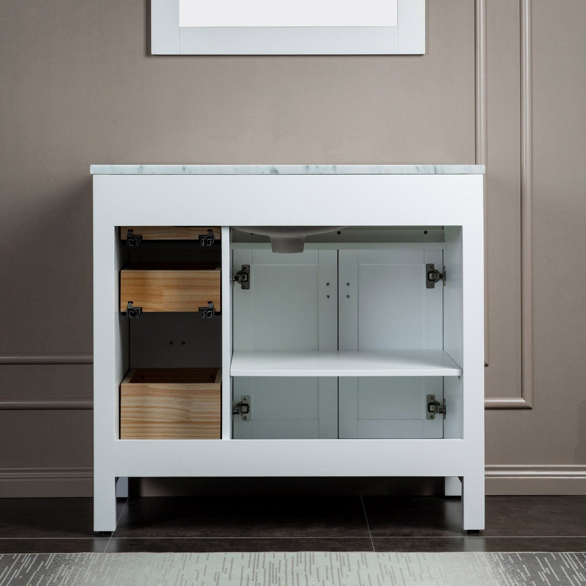 Woodbridge Milan 37" White Solid Wood Vanity Base and Carrara White Marble Top, Single Basin With Pre-Drilled Single Faucet Hole