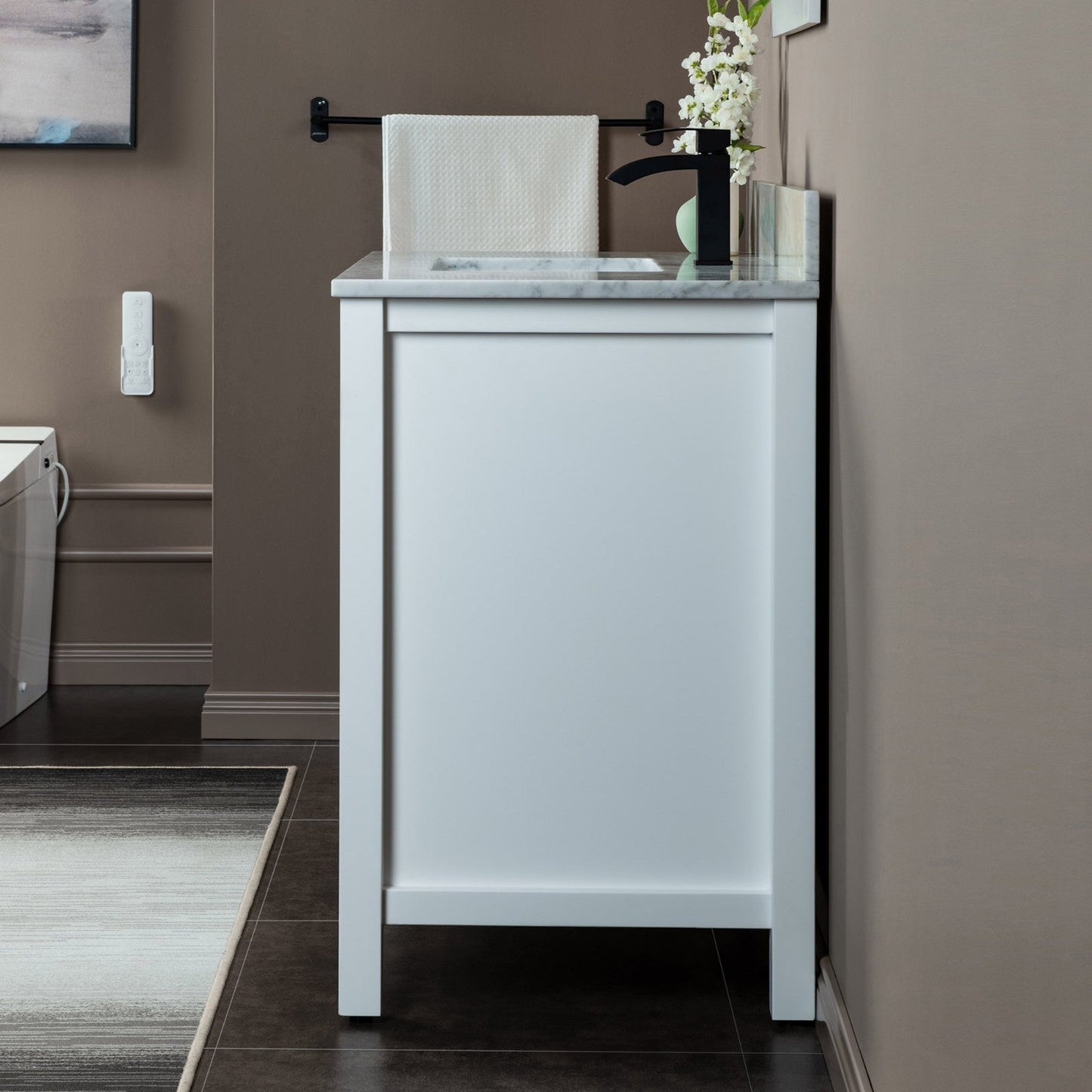 Woodbridge Milan 37" White Solid Wood Vanity Base and Carrara White Marble Top, Single Basin With Pre-Drilled Single Faucet Hole