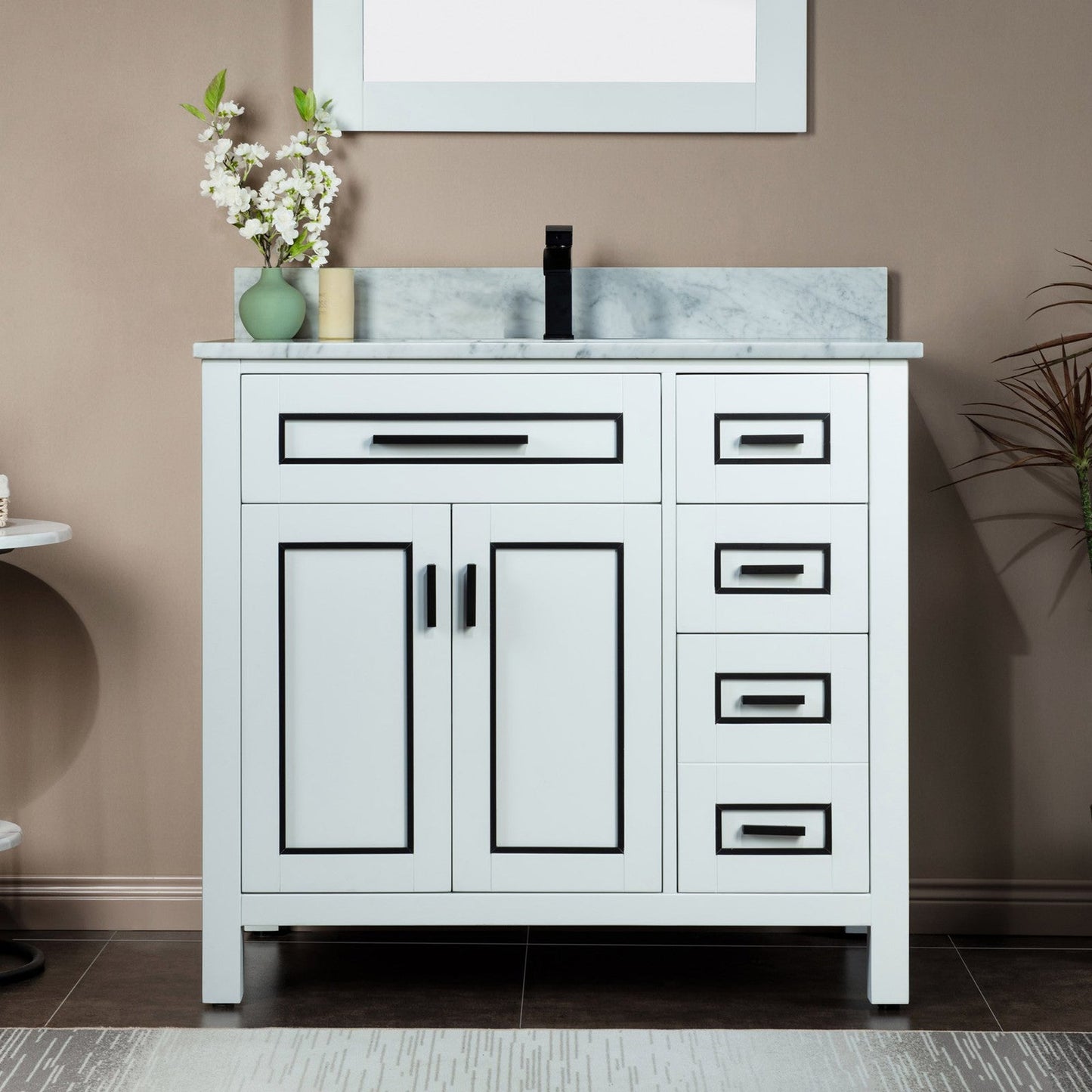 Woodbridge Milan 37" White Solid Wood Vanity Base and Carrara White Marble Top, Single Basin With Pre-Drilled Single Faucet Hole