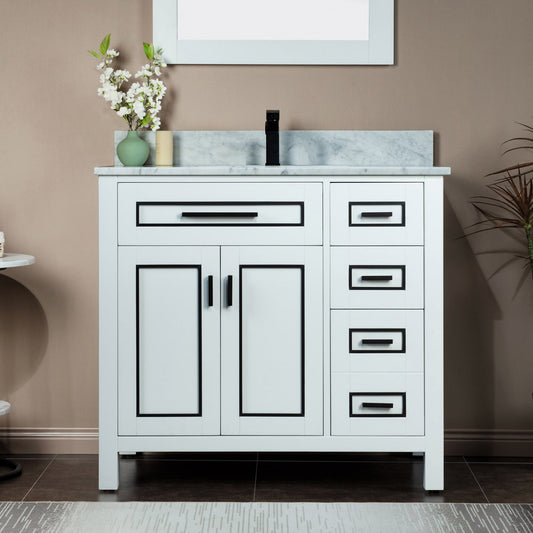 Woodbridge Milan 37" White Solid Wood Vanity Base and Carrara White Marble Top, Single Basin With Pre-Drilled Single Faucet Hole