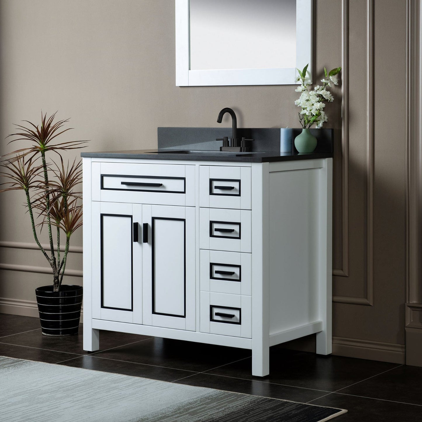 Woodbridge Milan 37" White Solid Wood Vanity Base and Dark Gray Engineered Stone Composite Top, Single Basin With Pre-Drilled 3-Hole for 4" Centerset Faucet