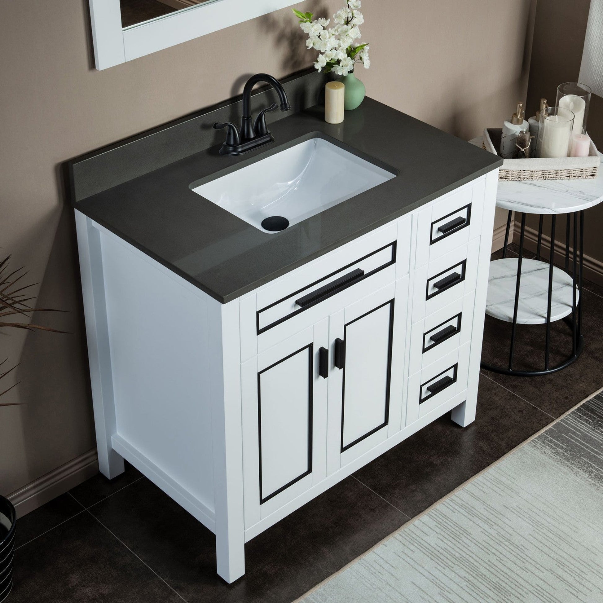 Woodbridge Milan 37" White Solid Wood Vanity Base and Dark Gray Engineered Stone Composite Top, Single Basin With Pre-Drilled 3-Hole for 4" Centerset Faucet