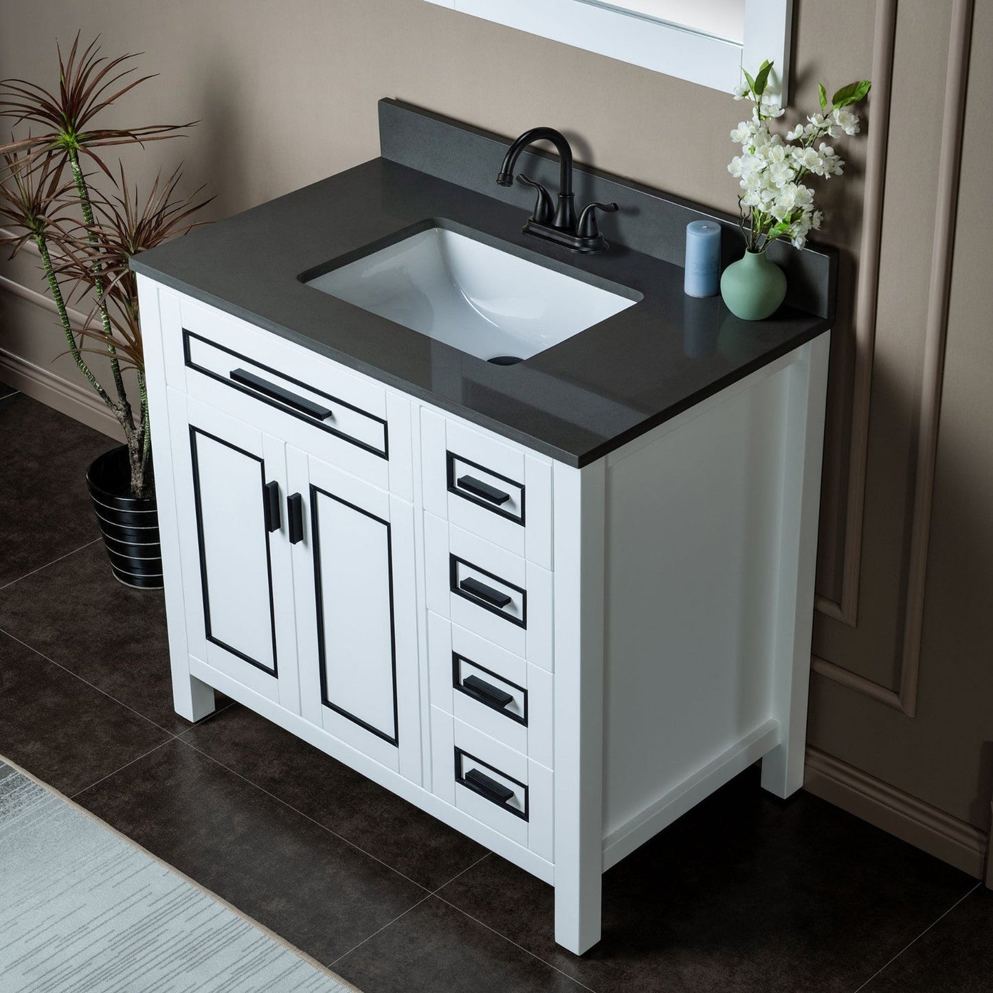 Woodbridge Milan 37" White Solid Wood Vanity Base and Dark Gray Engineered Stone Composite Top, Single Basin With Pre-Drilled 3-Hole for 4" Centerset Faucet