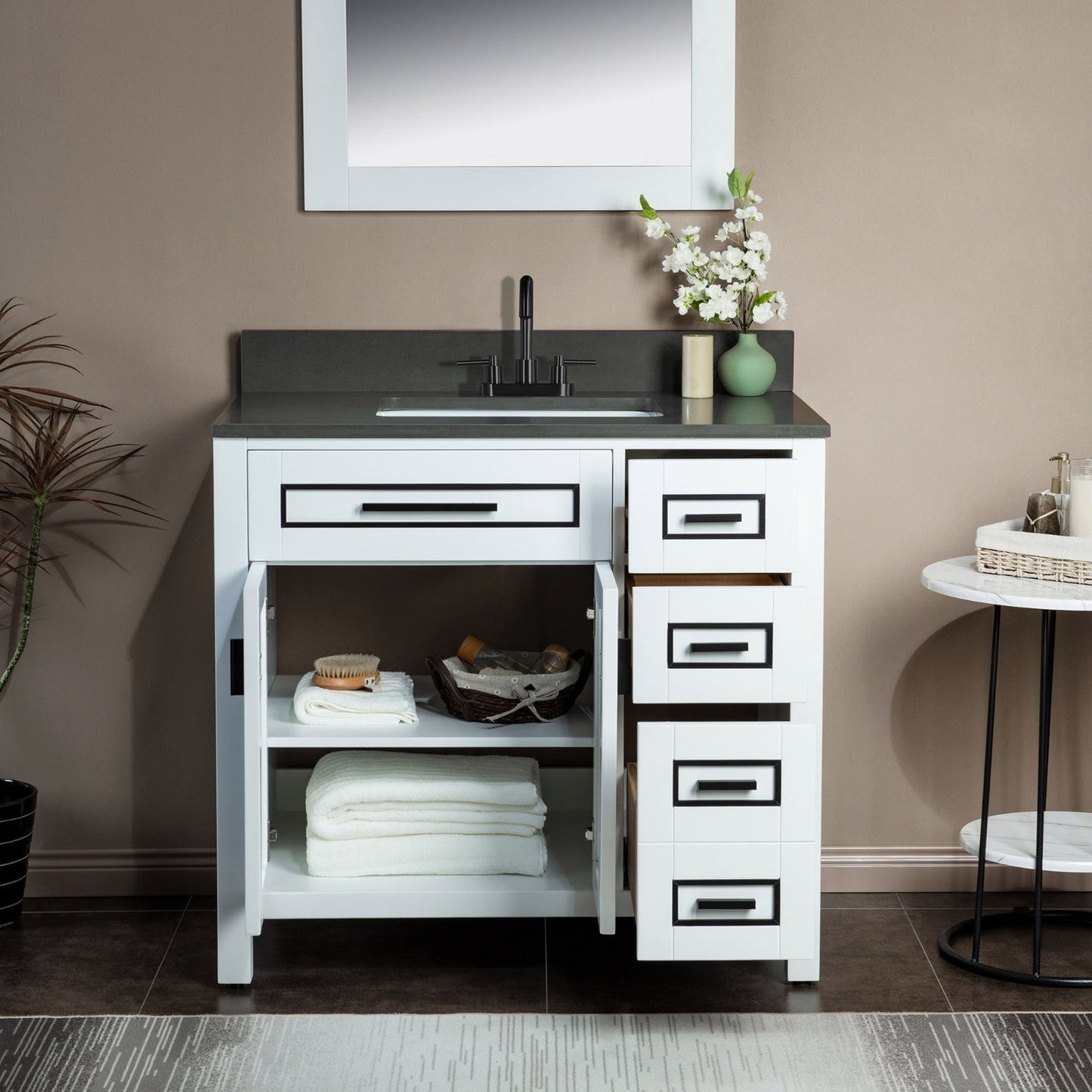 Woodbridge Milan 37" White Solid Wood Vanity Base and Dark Gray Engineered Stone Composite Top, Single Basin With Pre-Drilled 3-Hole for 4" Centerset Faucet