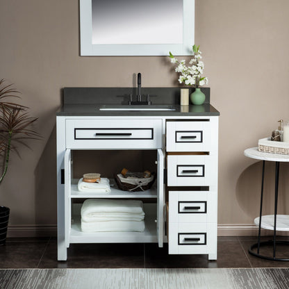 Woodbridge Milan 37" White Solid Wood Vanity Base and Dark Gray Engineered Stone Composite Top, Single Basin With Pre-Drilled 3-Hole for 4" Centerset Faucet