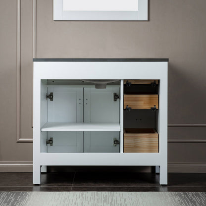 Woodbridge Milan 37" White Solid Wood Vanity Base and Dark Gray Engineered Stone Composite Top, Single Basin With Pre-Drilled 3-Hole for 4" Centerset Faucet