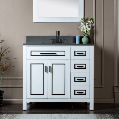 Woodbridge Milan 37" White Solid Wood Vanity Base and Dark Gray Engineered Stone Composite Top, Single Basin With Pre-Drilled 3-Hole for 4" Centerset Faucet