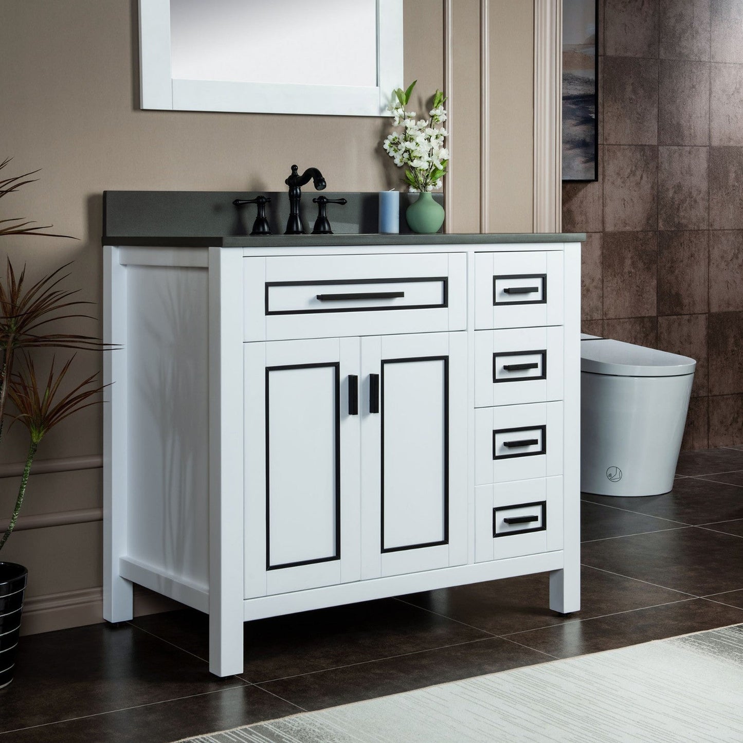 Woodbridge Milan 37" White Solid Wood Vanity Base and Dark Gray Engineered Stone Composite Top, Single Basin With Pre-Drilled 3-Hole for 8" Widespread Faucet