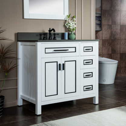 Woodbridge Milan 37" White Solid Wood Vanity Base and Dark Gray Engineered Stone Composite Top, Single Basin With Pre-Drilled 3-Hole for 8" Widespread Faucet