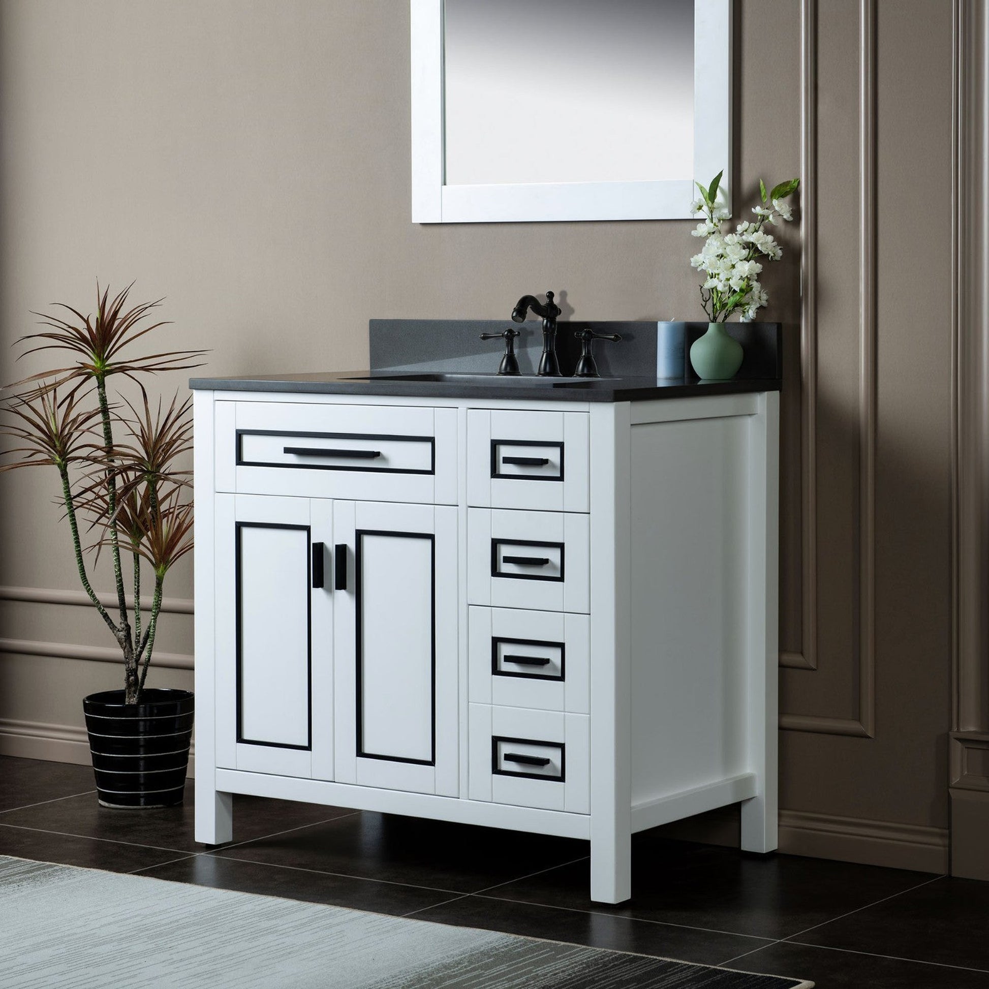 Woodbridge Milan 37" White Solid Wood Vanity Base and Dark Gray Engineered Stone Composite Top, Single Basin With Pre-Drilled 3-Hole for 8" Widespread Faucet