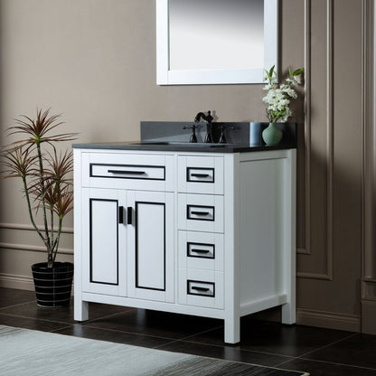 Woodbridge Milan 37" White Solid Wood Vanity Base and Dark Gray Engineered Stone Composite Top, Single Basin With Pre-Drilled 3-Hole for 8" Widespread Faucet