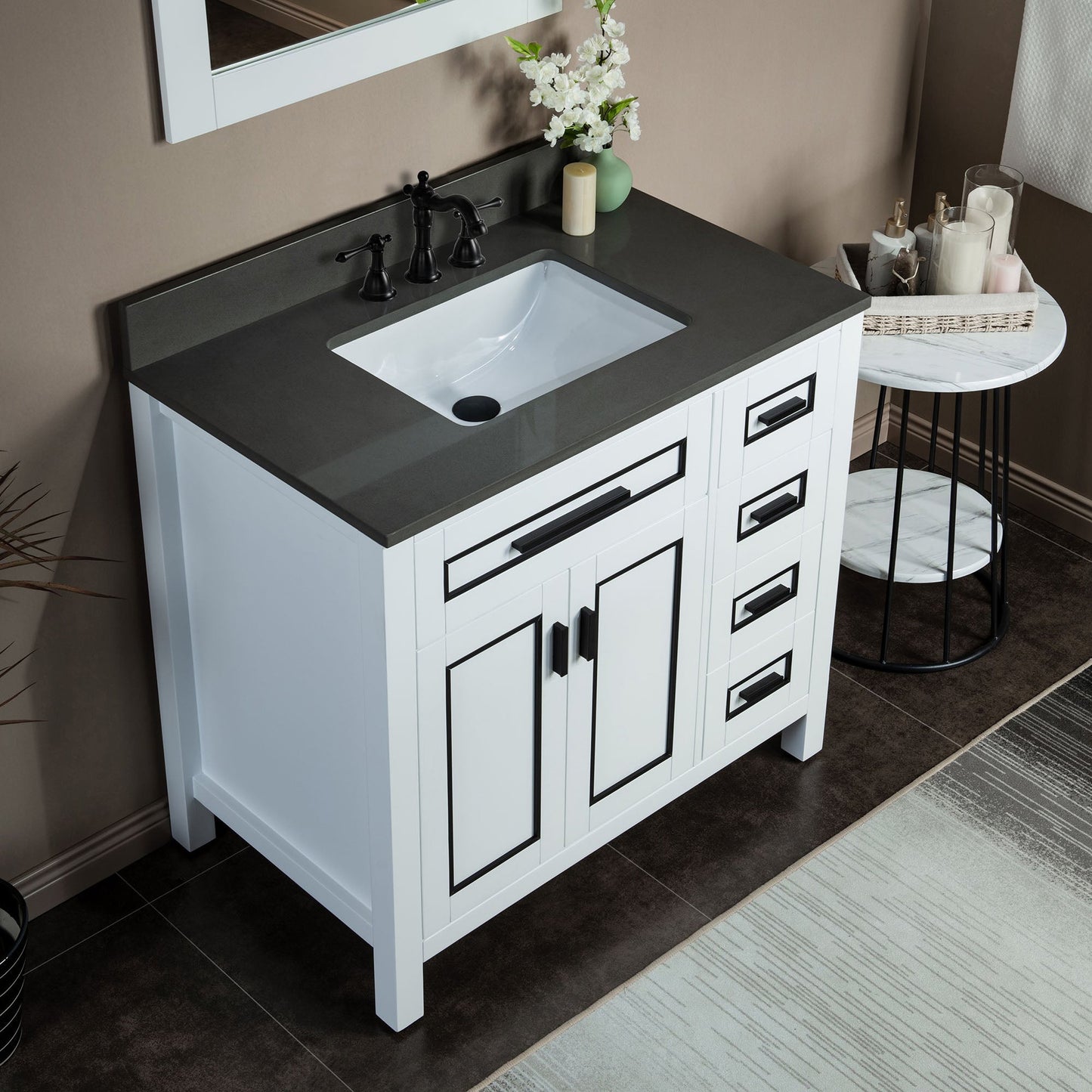Woodbridge Milan 37" White Solid Wood Vanity Base and Dark Gray Engineered Stone Composite Top, Single Basin With Pre-Drilled 3-Hole for 8" Widespread Faucet