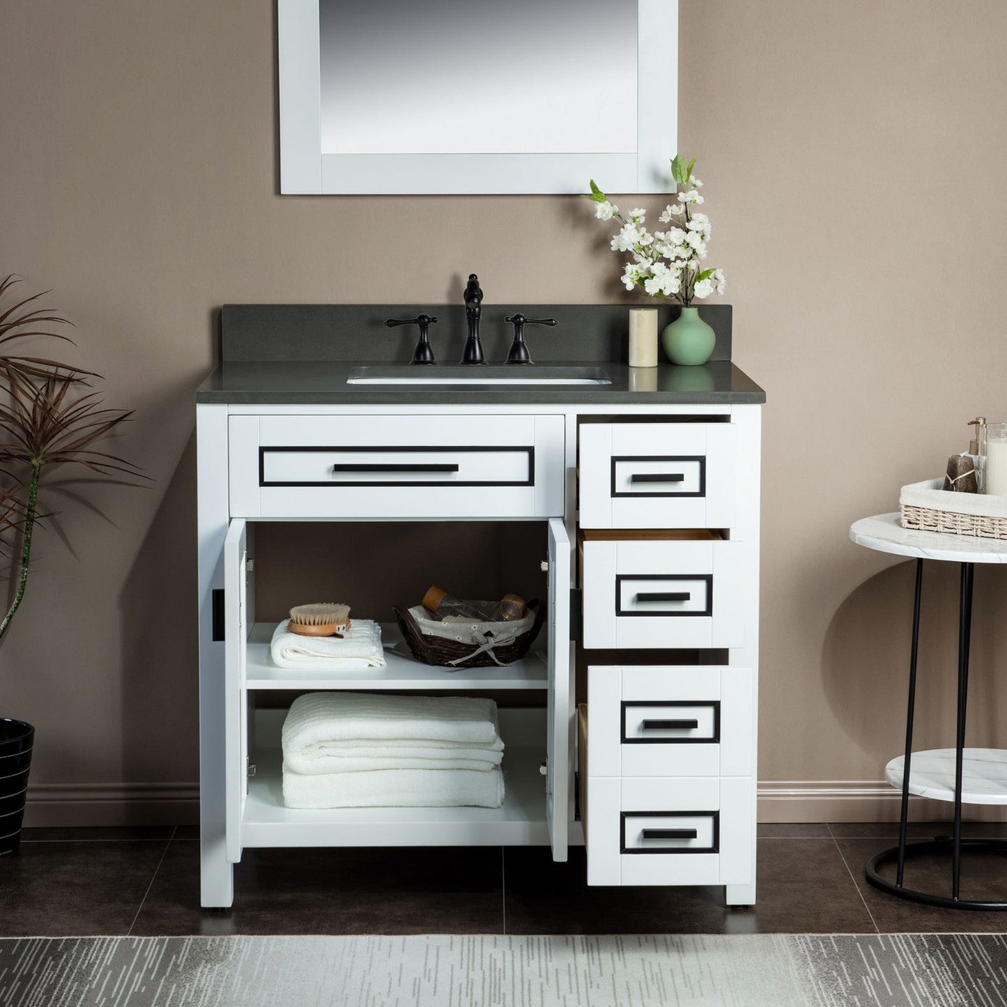 Woodbridge Milan 37" White Solid Wood Vanity Base and Dark Gray Engineered Stone Composite Top, Single Basin With Pre-Drilled 3-Hole for 8" Widespread Faucet