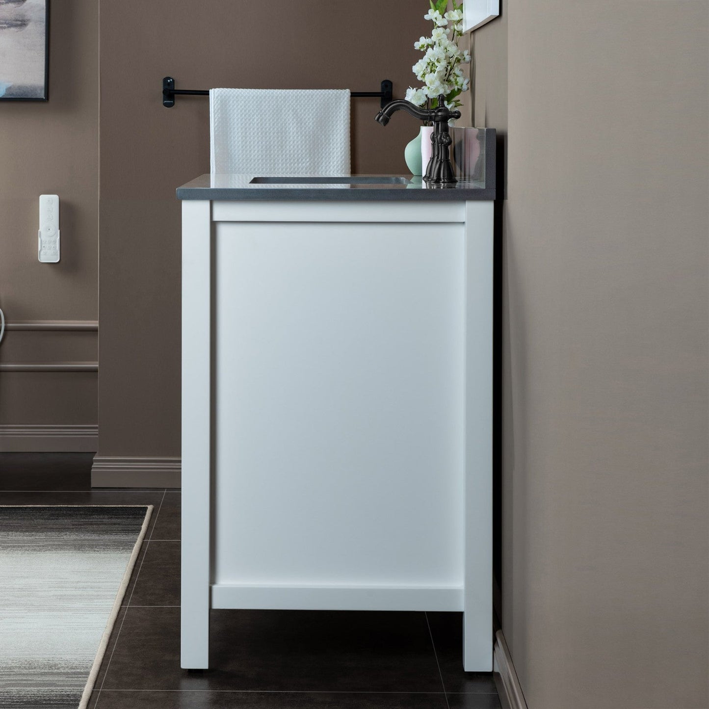 Woodbridge Milan 37" White Solid Wood Vanity Base and Dark Gray Engineered Stone Composite Top, Single Basin With Pre-Drilled 3-Hole for 8" Widespread Faucet