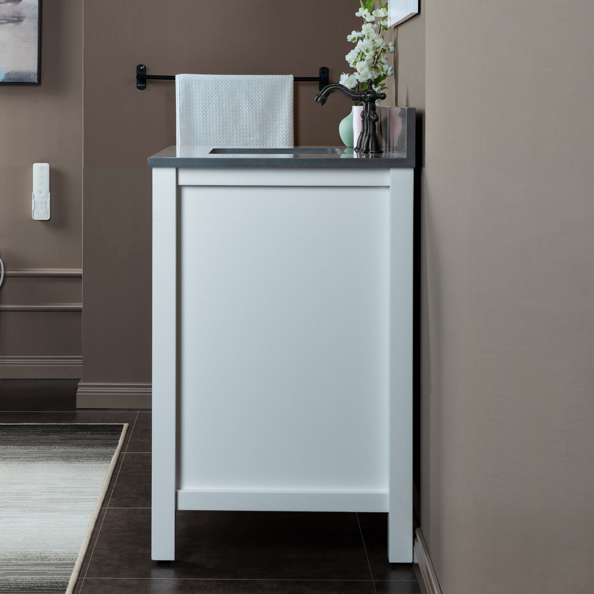 Woodbridge Milan 37" White Solid Wood Vanity Base and Dark Gray Engineered Stone Composite Top, Single Basin With Pre-Drilled 3-Hole for 8" Widespread Faucet