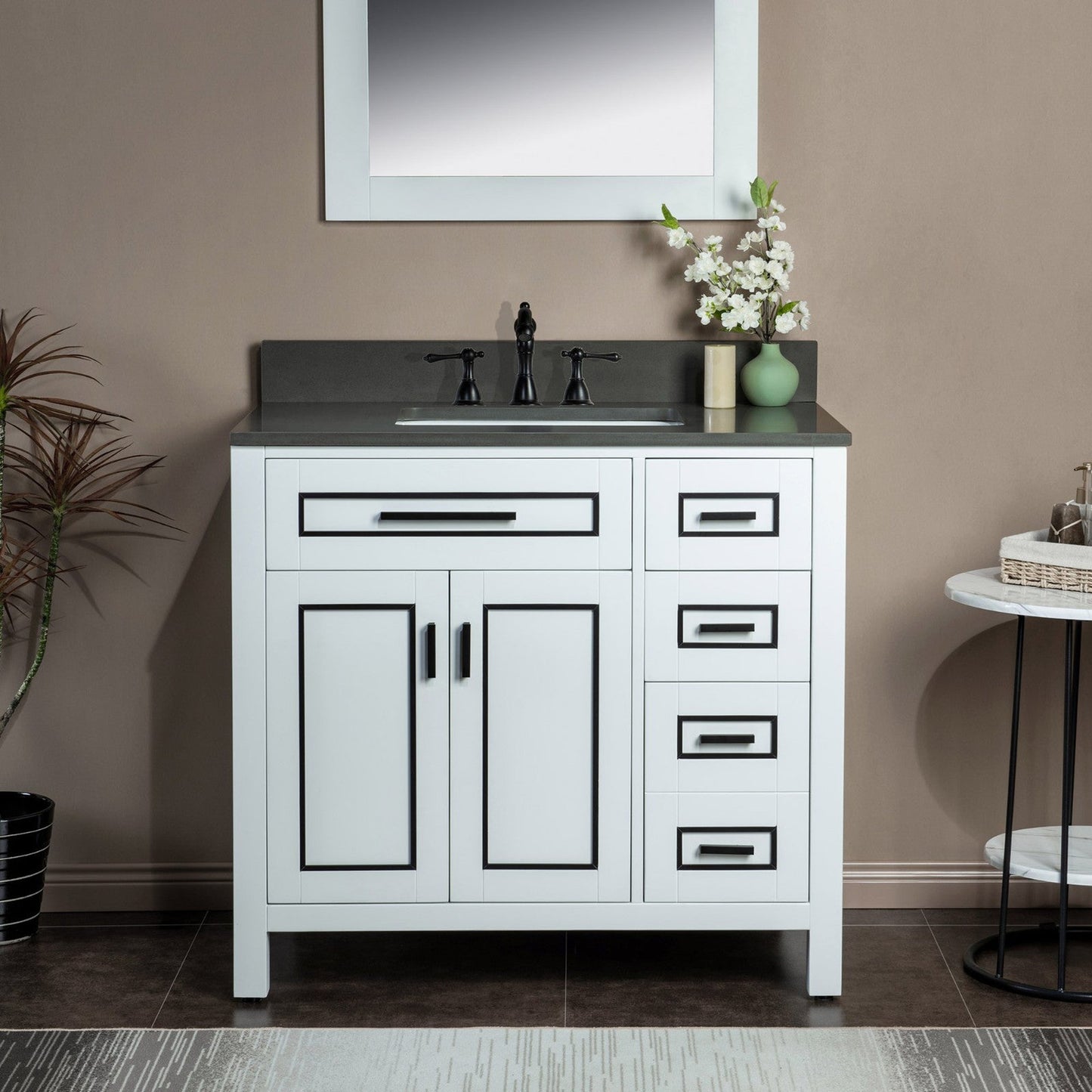 Woodbridge Milan 37" White Solid Wood Vanity Base and Dark Gray Engineered Stone Composite Top, Single Basin With Pre-Drilled 3-Hole for 8" Widespread Faucet