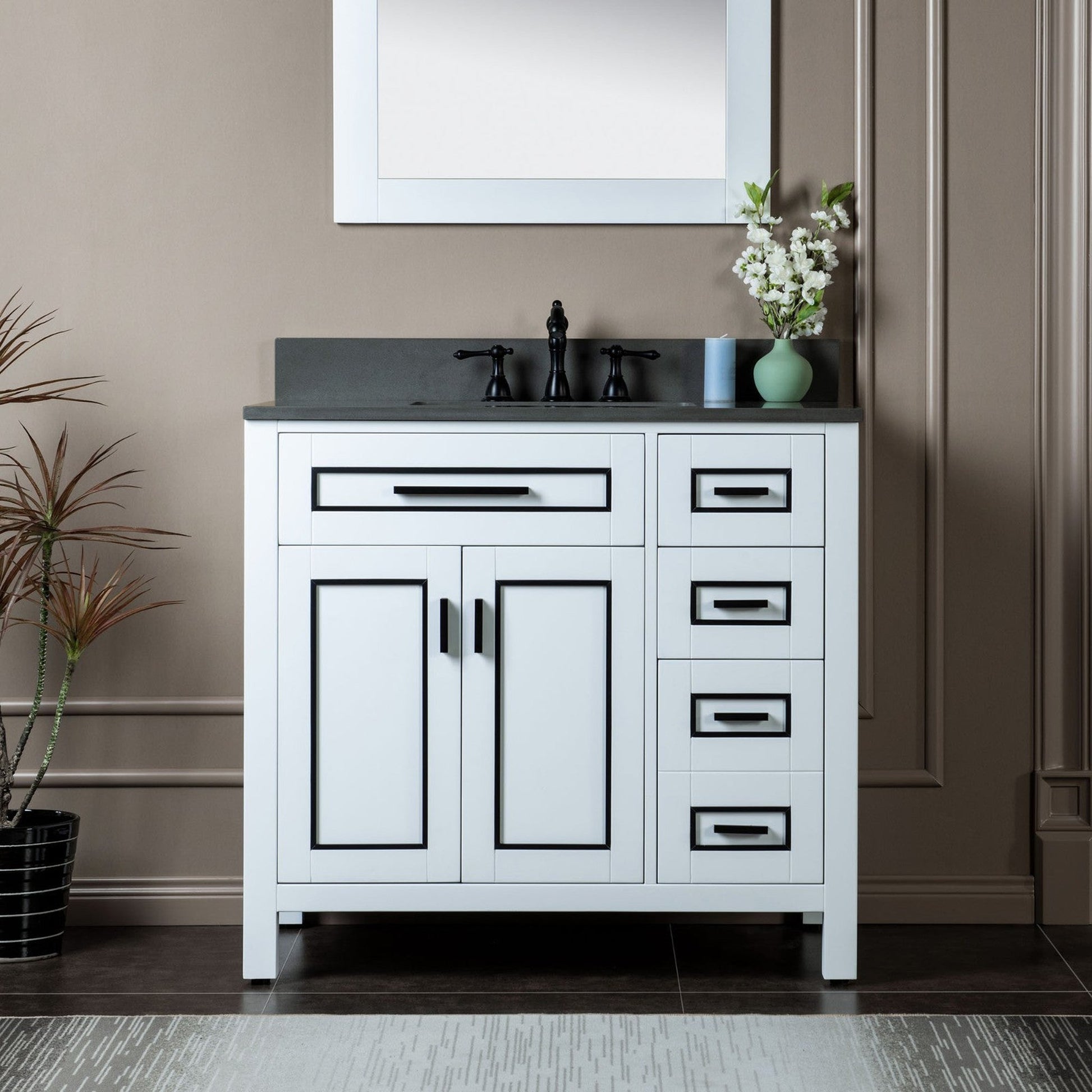 Woodbridge Milan 37" White Solid Wood Vanity Base and Dark Gray Engineered Stone Composite Top, Single Basin With Pre-Drilled 3-Hole for 8" Widespread Faucet