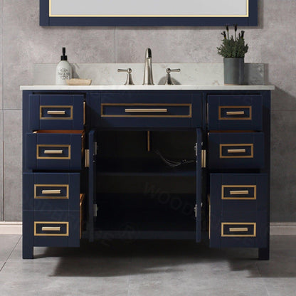 Woodbridge Milan 49" Navy Blue Solid Wood Vanity Base and Carrara White Engineered Stone Composite Top, Single Basin With Pre-Drilled Holes for 8" Widespread Faucet