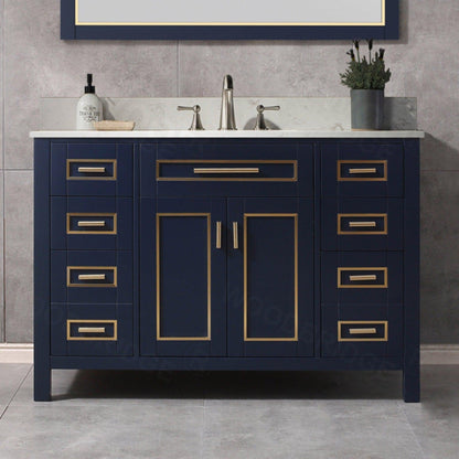 Woodbridge Milan 49" Navy Blue Solid Wood Vanity Base and Carrara White Engineered Stone Composite Top, Single Basin With Pre-Drilled Holes for 8" Widespread Faucet