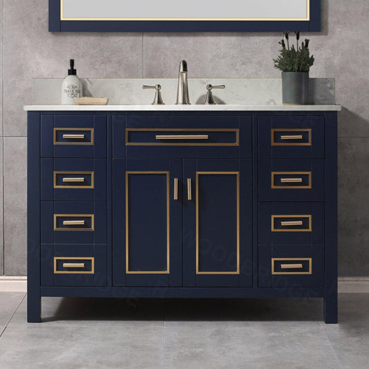 Woodbridge Milan 49" Navy Blue Solid Wood Vanity Base and Carrara White Engineered Stone Composite Top, Single Basin With Pre-Drilled Holes for 8" Widespread Faucet