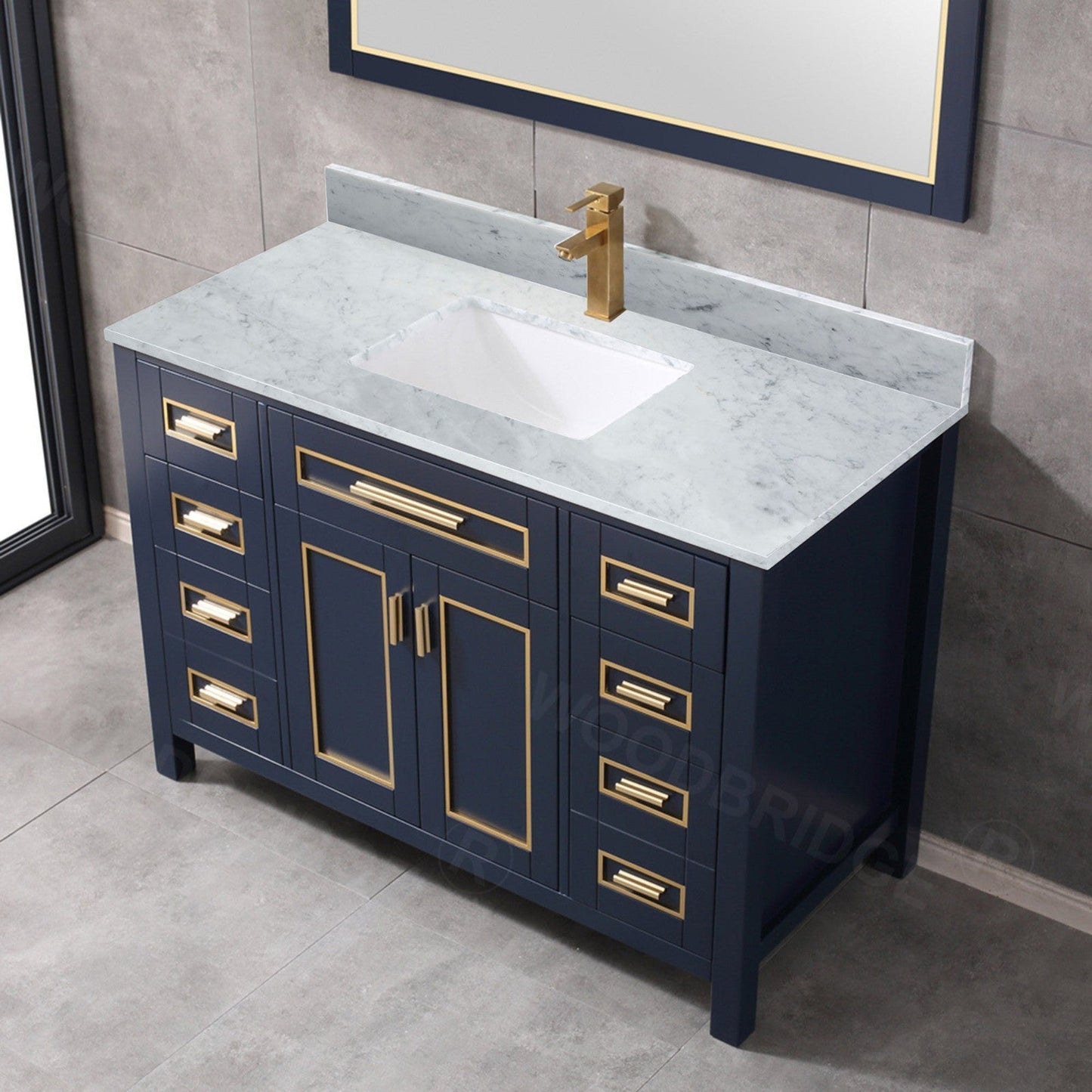 Woodbridge Milan 49" Navy Blue Solid Wood Vanity Base and Carrara White Marble Top, Single Basin With Pre-Drilled Hole for Single Faucet