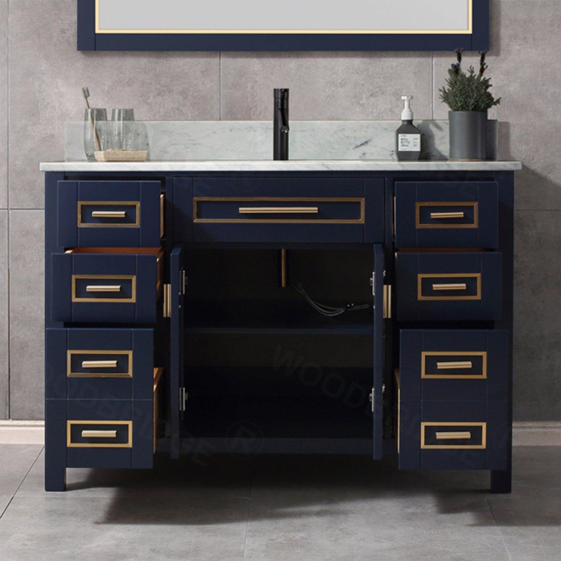 Woodbridge Milan 49" Navy Blue Solid Wood Vanity Base and Carrara White Marble Top, Single Basin With Pre-Drilled Hole for Single Faucet