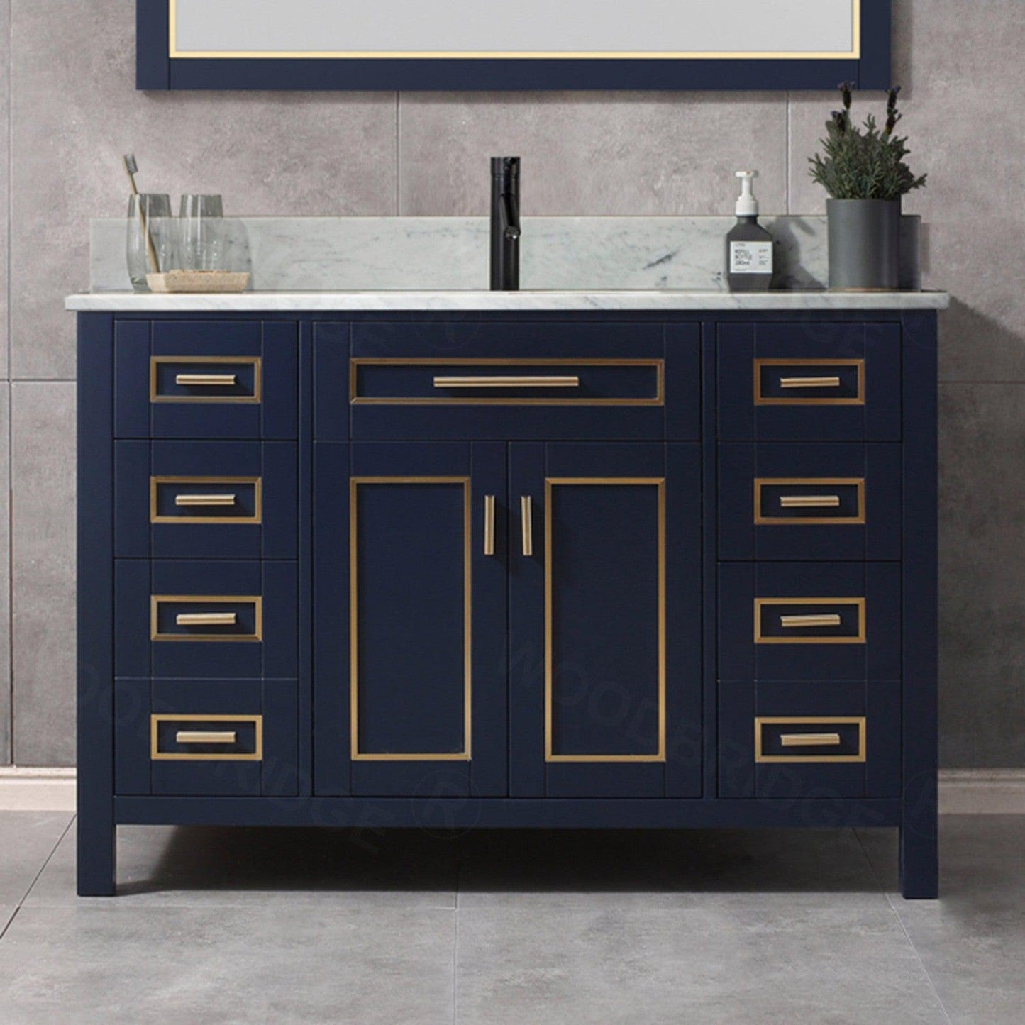 Woodbridge Milan 49" Navy Blue Solid Wood Vanity Base and Carrara White Marble Top, Single Basin With Pre-Drilled Hole for Single Faucet