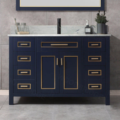 Woodbridge Milan 49" Navy Blue Solid Wood Vanity Base and Carrara White Marble Top, Single Basin With Pre-Drilled Hole for Single Faucet