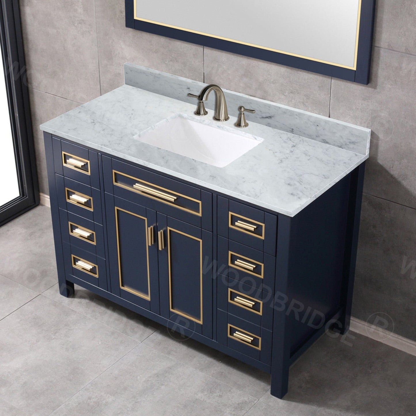 Woodbridge Milan 49" Navy Blue Solid Wood Vanity Base and Carrara White Marble Top, Single Basin With Pre-Drilled Holes for 8" Widespread Faucet