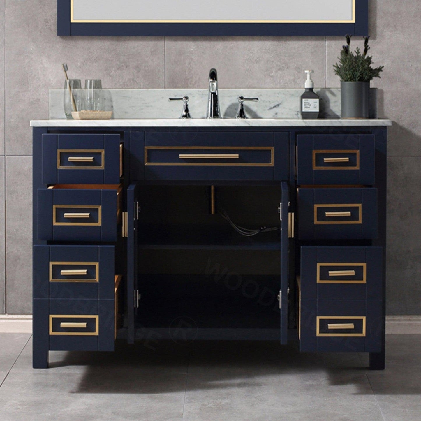 Woodbridge Milan 49" Navy Blue Solid Wood Vanity Base and Carrara White Marble Top, Single Basin With Pre-Drilled Holes for 8" Widespread Faucet
