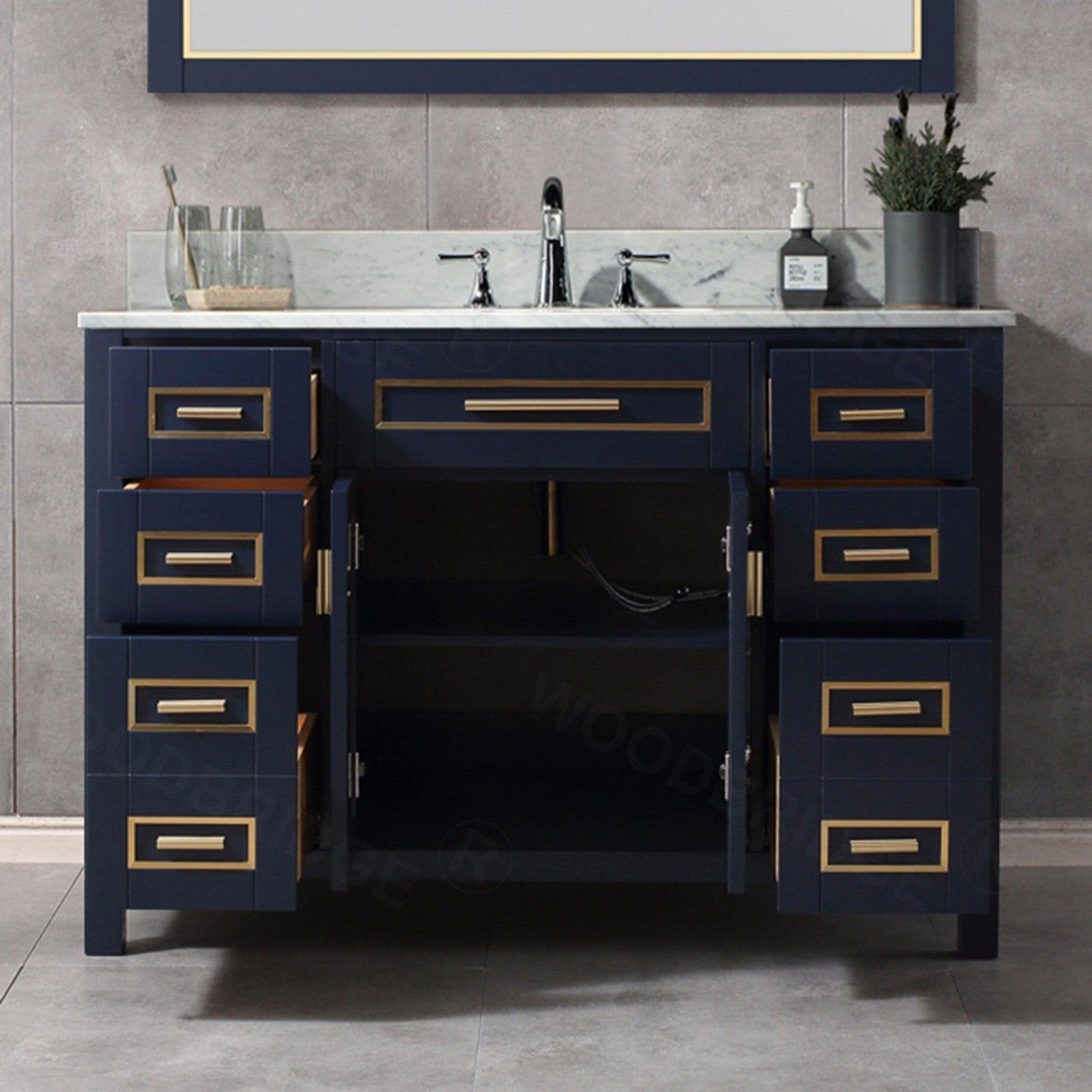 Woodbridge Milan 49" Navy Blue Solid Wood Vanity Base and Carrara White Marble Top, Single Basin With Pre-Drilled Holes for 8" Widespread Faucet